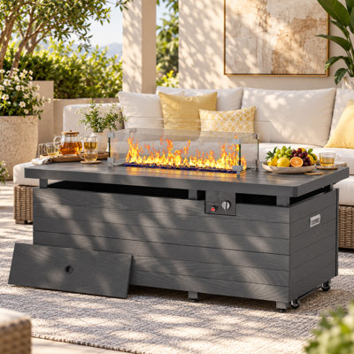 Table de foyer extérieure au propane, 50 000 BTU, rectangulaire, avec pare-vent en verre, support de bouteille coulissant et couvercle amovible, certifiée CSA pour terrasse et jardin, grise.