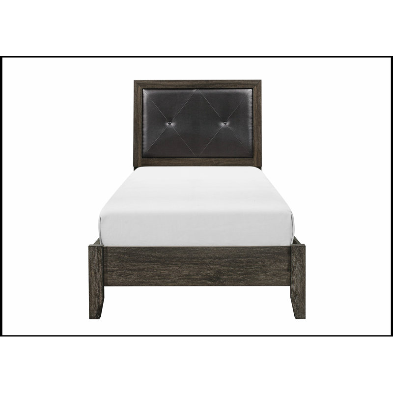 Lit fini avec tête de lit en similicuir capitonnée et structure en bois durable, Lit simple