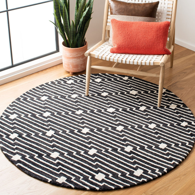 Beardall Hand Tufted Wool/Cotton Geometric Rug in Charcoal/Ivory, Round 5'