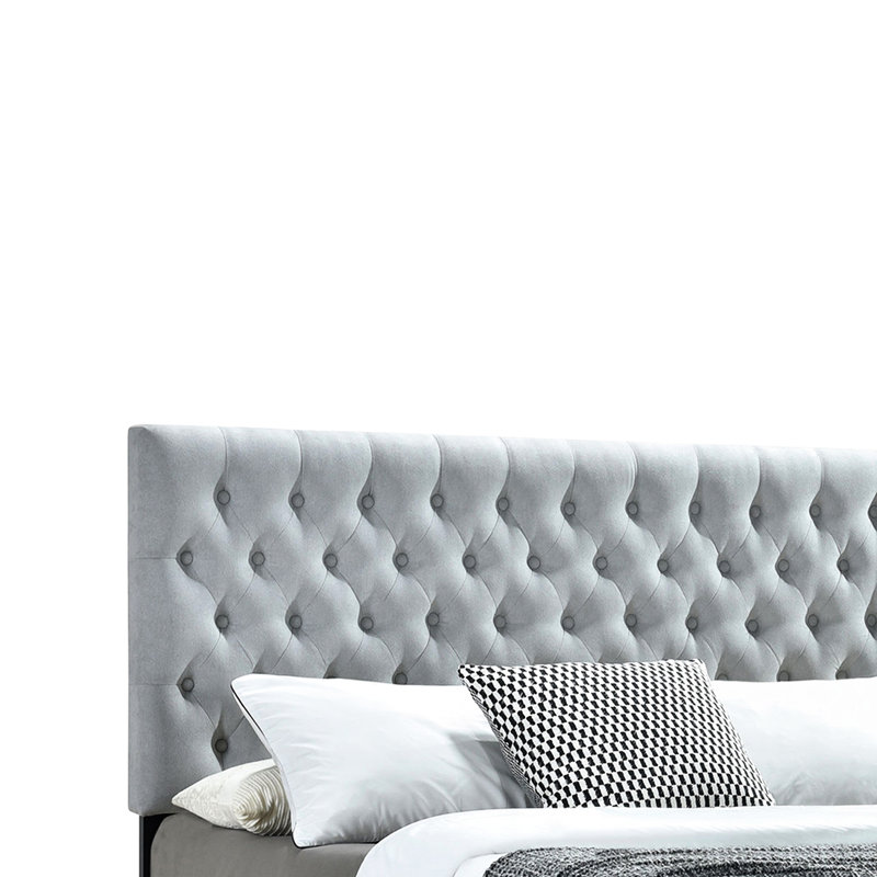 Eastern King Panel Bed With Button- Headboard, 4 Drawers, Soft Grey Upholstered Fabric, Slat Kit For Optimal Comfort Wood Frame