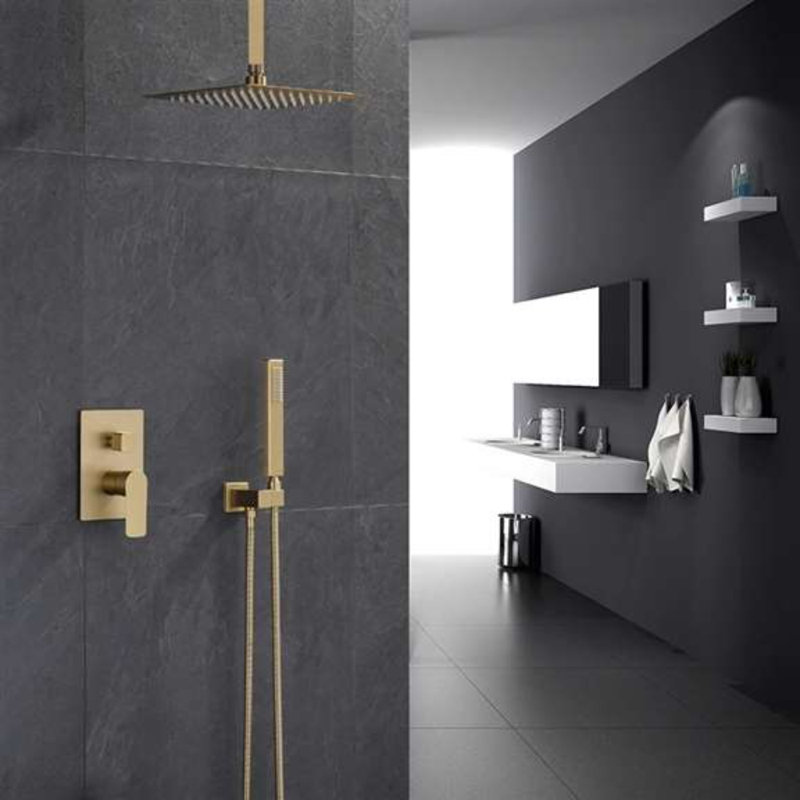 Brushed Gold Ceiling Mounted Thermostatic Rainfall Shower Set with Handheld and Mixer Valve