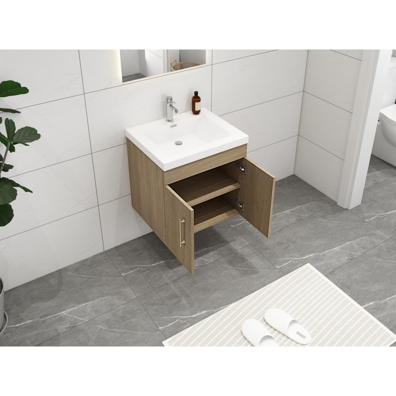 Ensemble de meuble-lavabo mural simple 30 po Carliss, Blanc/chêne, Or