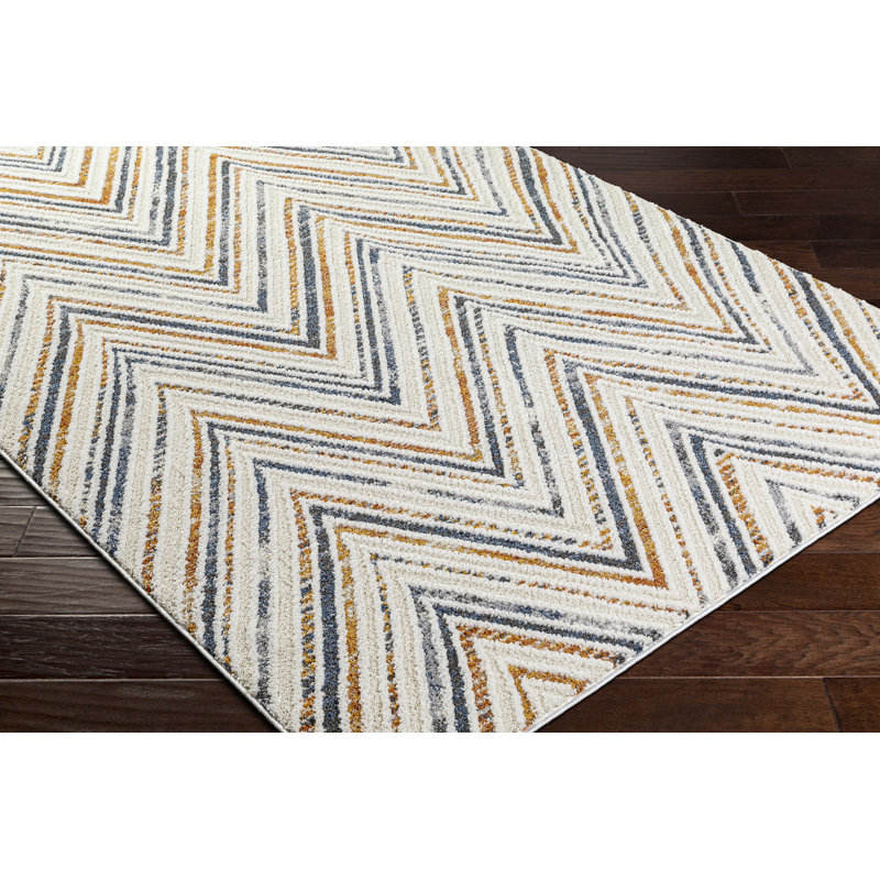 Rectangle Courtdale Chevron Machine Woven Polyester Area Rug in Blue/Brown, Rectangle 5'3" x 7'