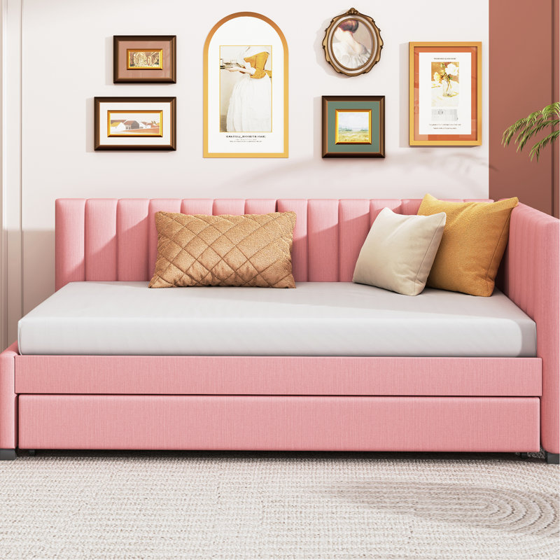 Upholstered Daybed With Trundle, Pink Linen Fabric Cover, Twin Size, No Box Spring Size Needed, Pink