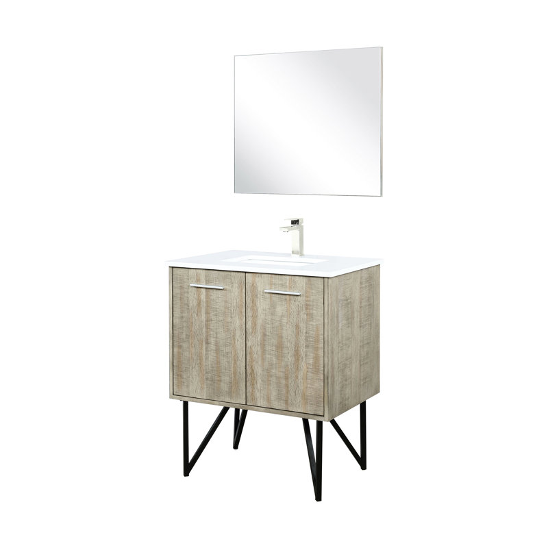 Meuble-lavabo rustique 30 po X P 20 po, comptoir à quartz blanc Scratch, robinet en nickel brossé et miroir mural suspendu de 28 po avec surface de preuve durable,