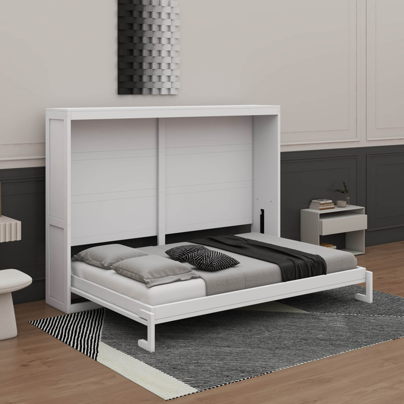 Lit escamotable avec prises et ports USB, lit escamotable avec tiroirs de rangement, structure à poulie, Grand, White 1