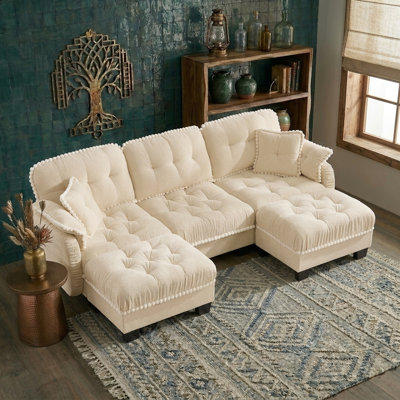 100.7" U Shaped Couch, Modular Sectional Sofa, 3-Seater Comfy Cloud Couch, Set of Modular Pieces with Movable Ottoman, Deep Seat Couches for Living Room,Cream Beige