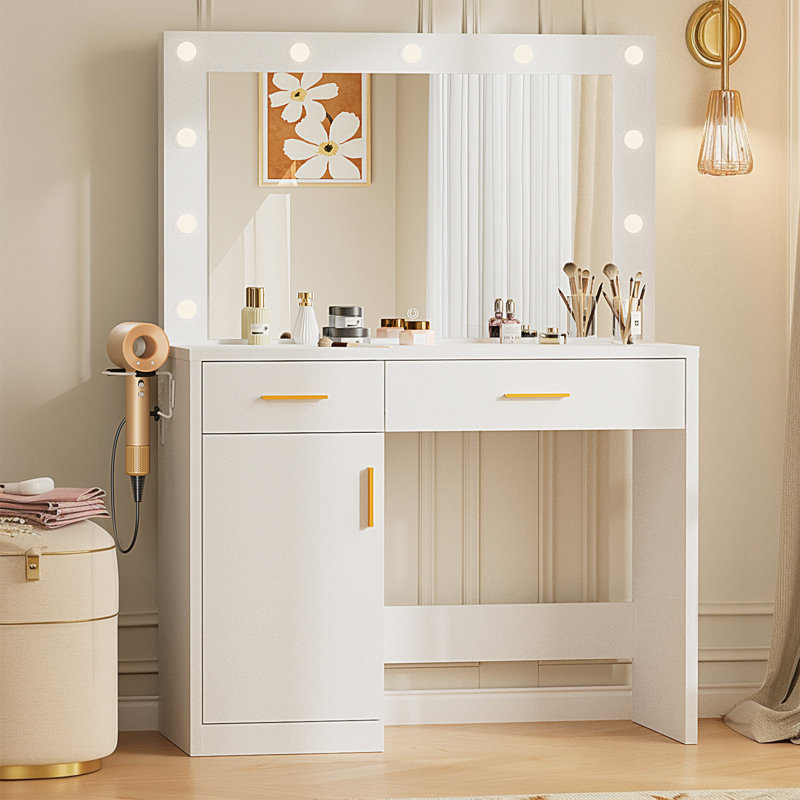 35.4in. Makeup Vanity Table with Mirror and Lights,Charging Station,2 Drawers,Large Cabinet,3-Color Adjustable Lighting