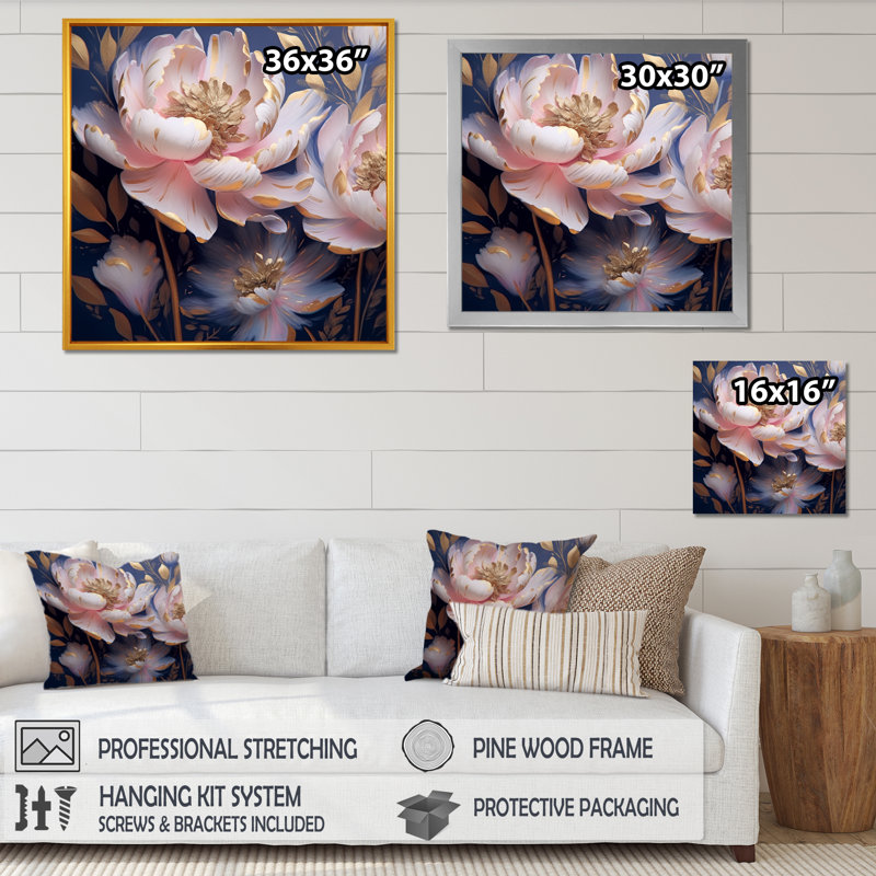 Pivoine rose, art déco sur bleu - coquelicots, art mural pour le salon, H 30 po x l 30 po x P 1 po, Cadre flottant noir