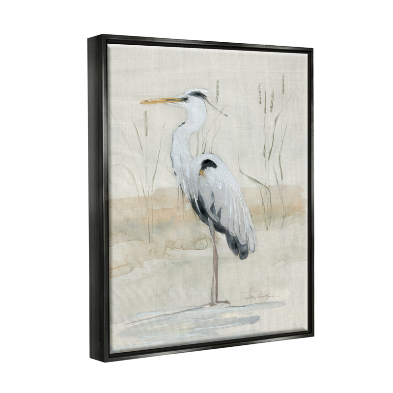 «Dovecove Heron Bird Riverbank» par Sally Swatland, Cadre flottant noir de jais, H 31 po x l 25 po x P 1,7 po