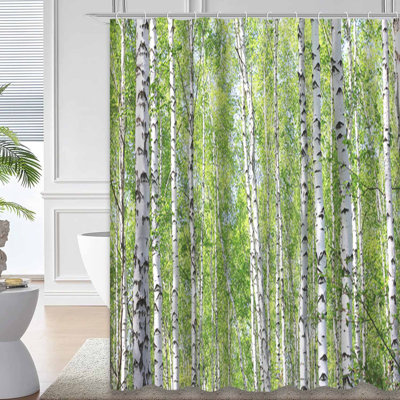 Green Birch Forest Sunlight Morning Shower Curtain with 12 Hooks