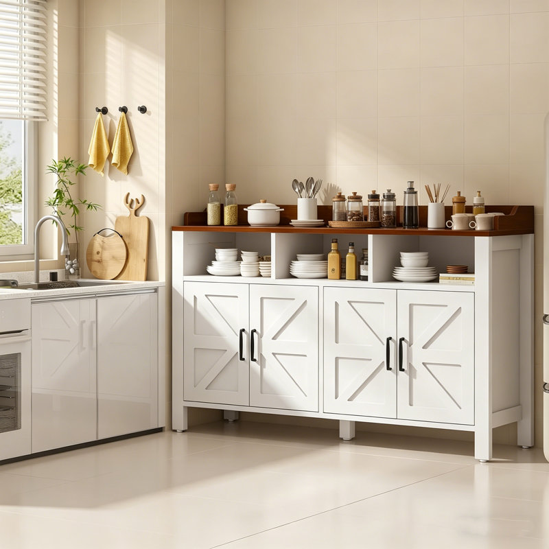 Buffet en bois 55 po, armoire de style campagnard avec 4 portes et rangement ouvert pour la salle à manger, blanc, Blanc