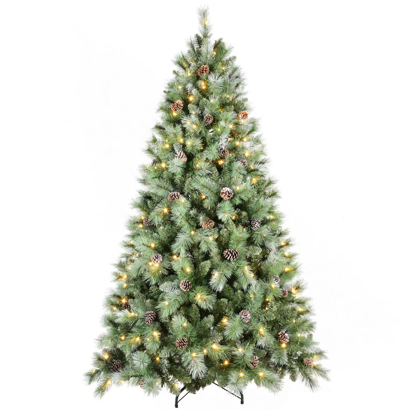 Arbre de Noël à charnière en PVC et à aiguilles pointues avec lumières DEL blanc chaud et pommes de pin, 8'