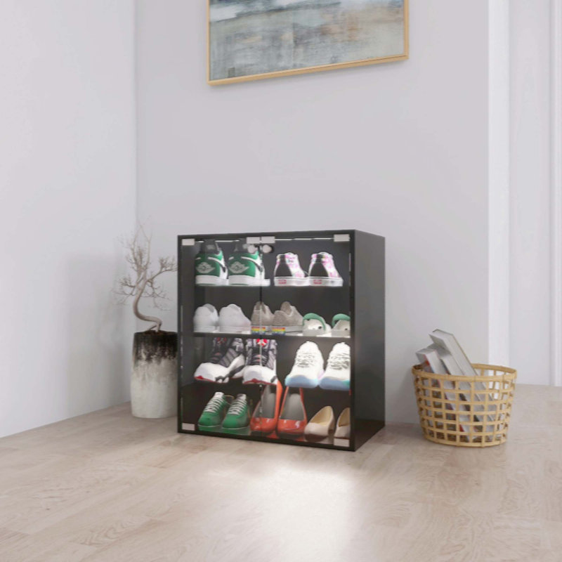 4 Layers Black Shoe Cabinet With Glass Door And Glass Layer Shoes Display Cabinet With LED Light Bluetooth Control