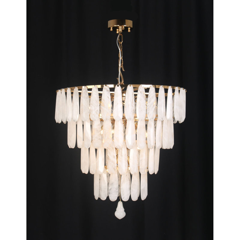 Lustre en cristal de roche rose clair, Quartz de couleur, 22" Diameter x 20" Height, Feuille d'or