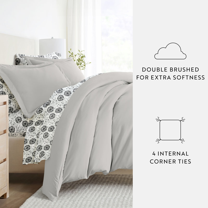 8-Piece Bedding Bundle - Solid Duvet Cover, Comforter Insert, and Patterned Sheet Set, Twin Bedding Bundle, Light Gray Floral