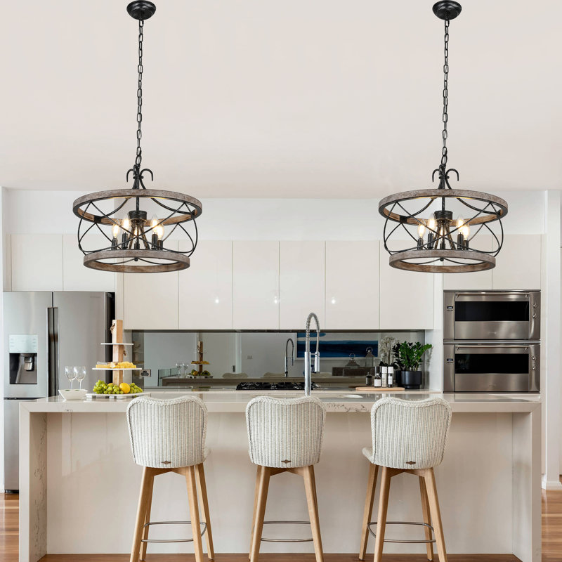 19.7" 5-Light Farmhouse Chandelier, Rustic Drum Caged Wood Chandelier, French Country Pendant Light for Kitchen