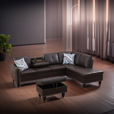 Slate Brown Faux Leather Synthetic Leather Right -Facing Sectional 3-Piece Living Room Sofa Set