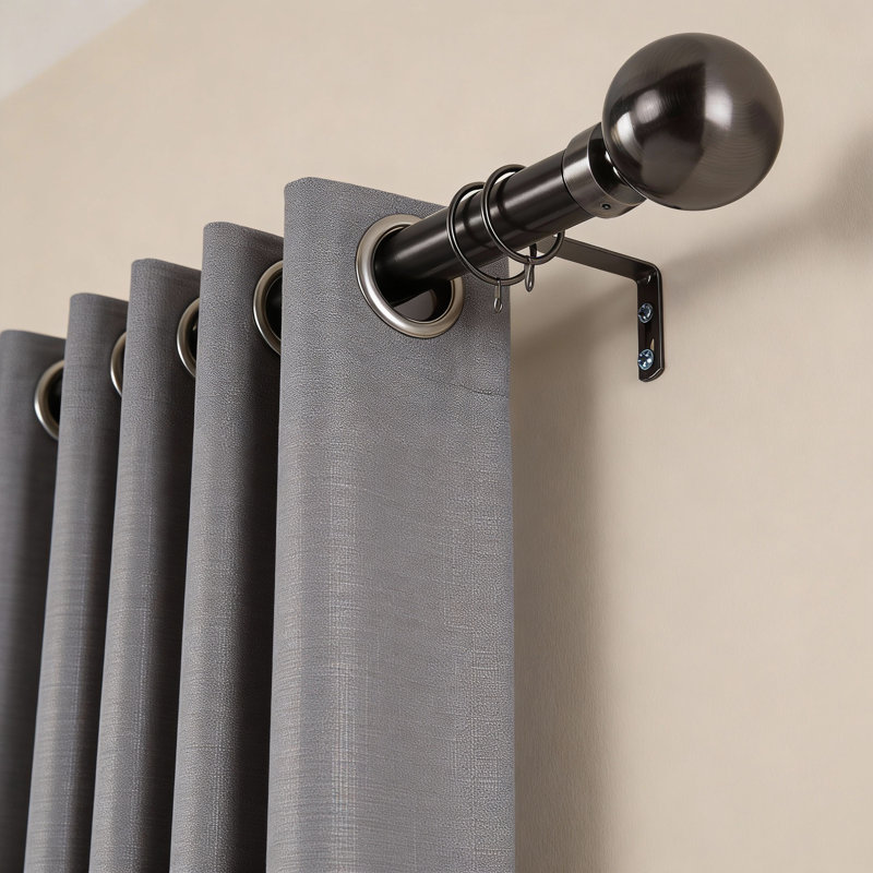 Extendable Metal Curtain Pole - Adjustable Plain Metal Rod with Finials & Brackets for Eyelet/Tab-Top Curtains, Black Nickel