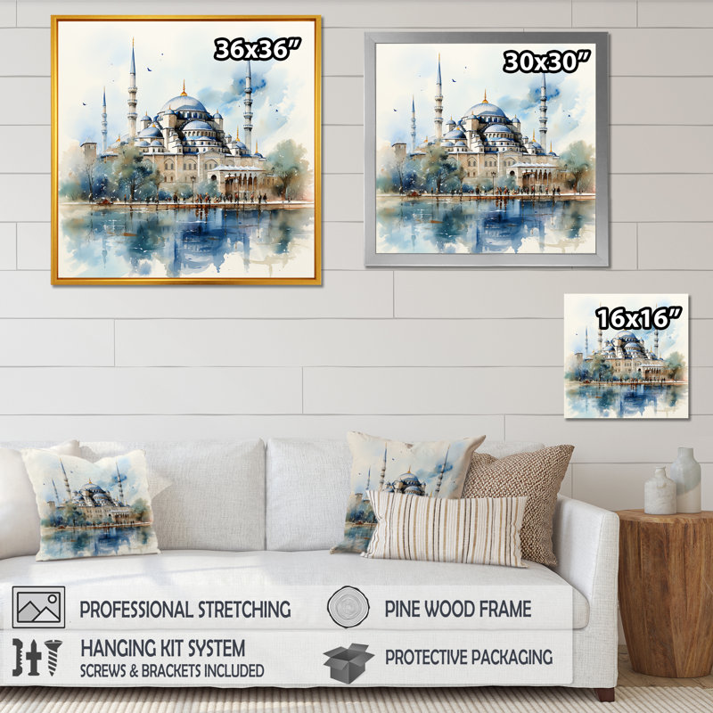 Mosquée bleue turque, «Serenity I», art mural, Cadre simple noir, H 36 po x l 36 po x P 1,5 po