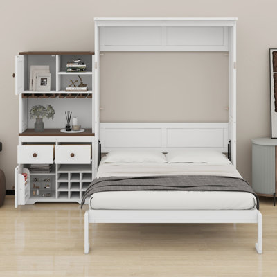 Lit escamotable avec armoire de rangement, support à vin, porte-verre, tiroirs et bande à DEL multicolore