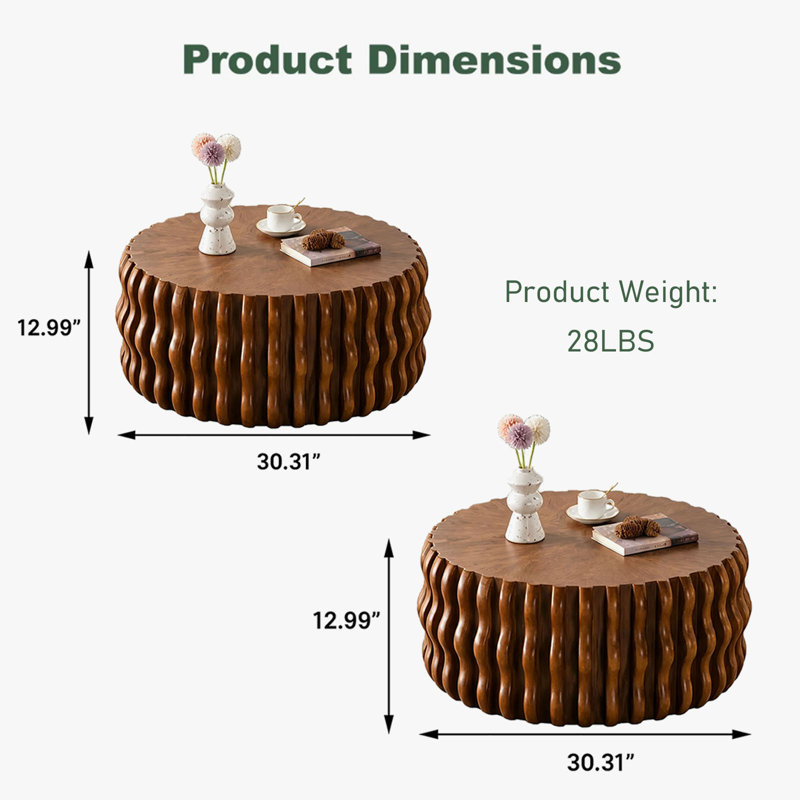 Table basse ronde 30,31 po en bois massif ondulé avec base en panneau de fibres à densité moyenne