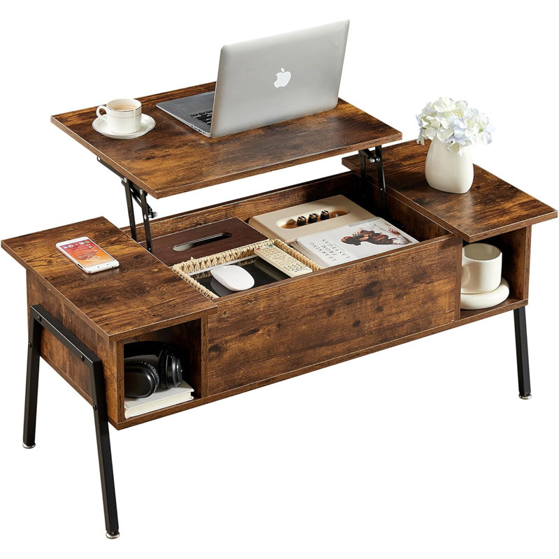 Wood Lift Top Coffee Table With Hidden Compartment And Storage Shelf For Living Room/Office Reception, Rising Tabletop