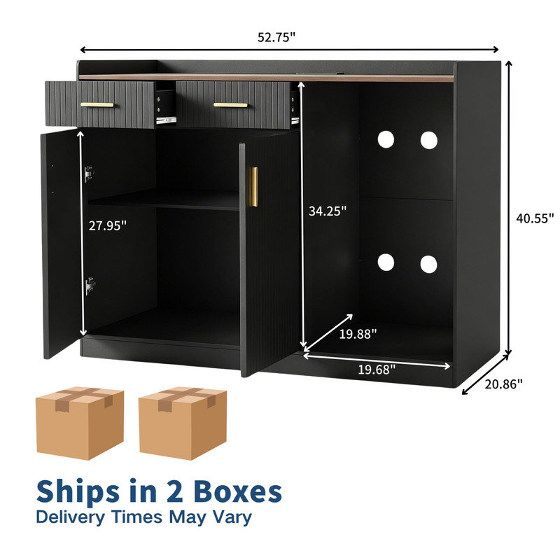 Coffee Bar Storage Cabinet with Fridge Space, Fluted Doors, Drawers & Power Strip, Home Bar Unit for Living Room, Kitchen