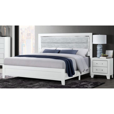 Lit très grand blanc avec éclairage DEL, tête de lit tapissier contemporaine, finition rosée, accessoires en acrylique, 79,5 po P, H 52,65 po, l 84,23 po - Quincaillerie de conception moderne et P 79,5 po x H 84,6 po