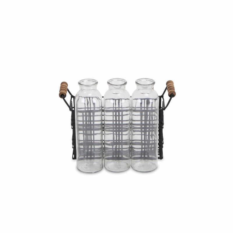 Ensemble de 8 bouteilles en verre 8 po dans un panier en fil de fer noir