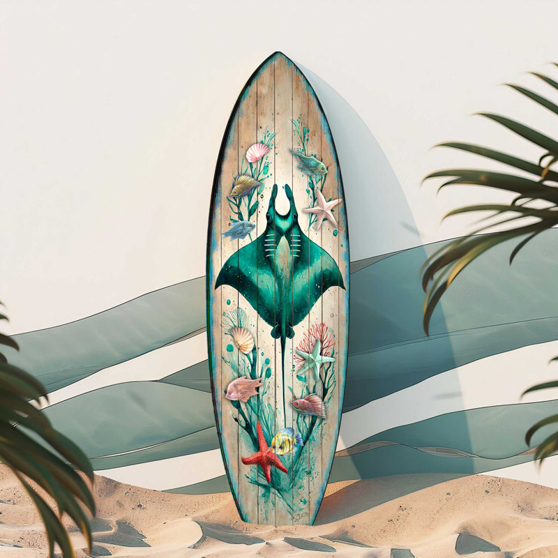 Art mural de planche de surf Manta Ray - décor océanique côtier fabriqué à la main par G.Debrekht - décor de maison de plage sous la mer