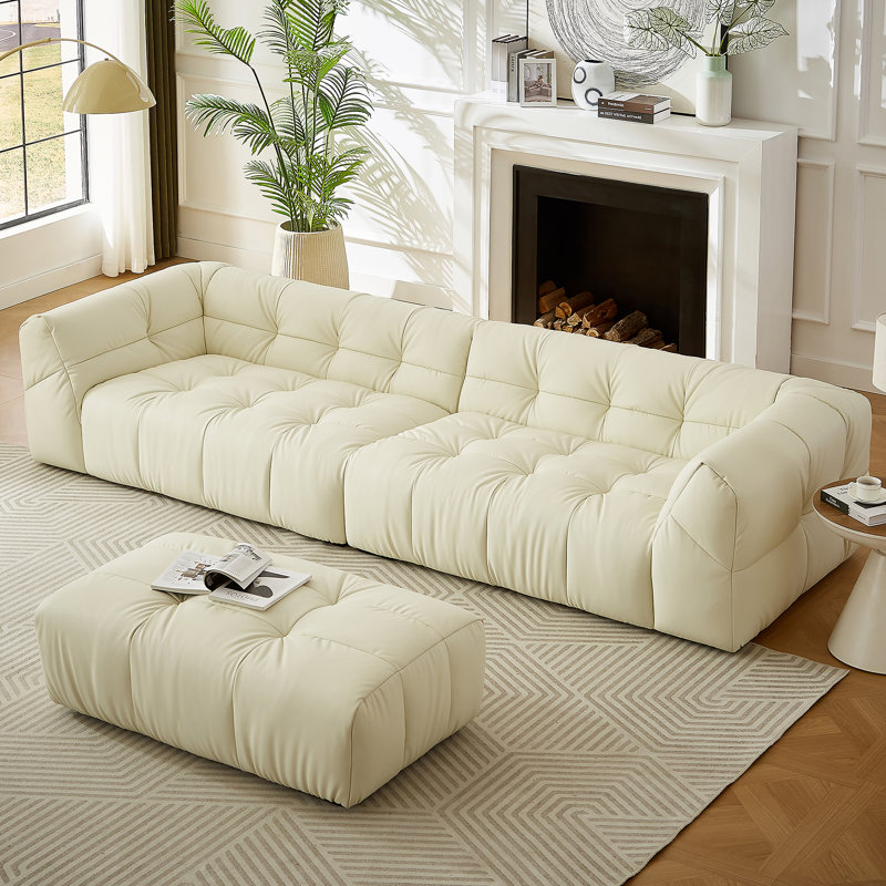 Canapé modulaire en cuir 3 pièces, canapé modulaire en L avec repose-pieds pour salon, Blanc