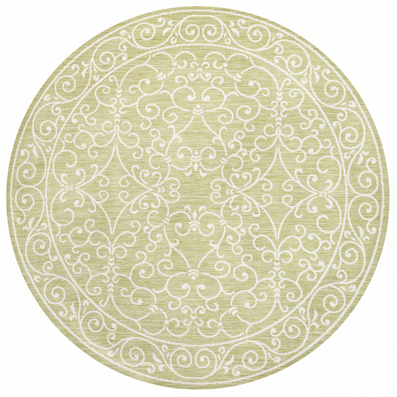Dauphinais Vintage Filigree Textured Weave Green/Cream Indoor/Outdoor Rug, Round 5'3"