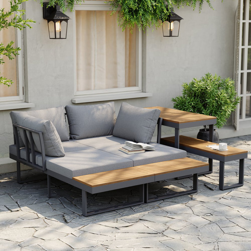 4-Pieces Modular Garden Sofa Outdoor Acacia Sectional Sofa Set with Cushion and Side Table