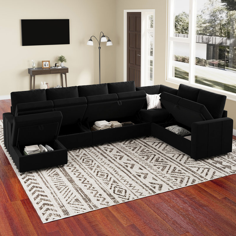 Seybert Luxurious U-Shaped Sofa Velvet Chenille Sectional Sofa For Living Room, Black Velvet