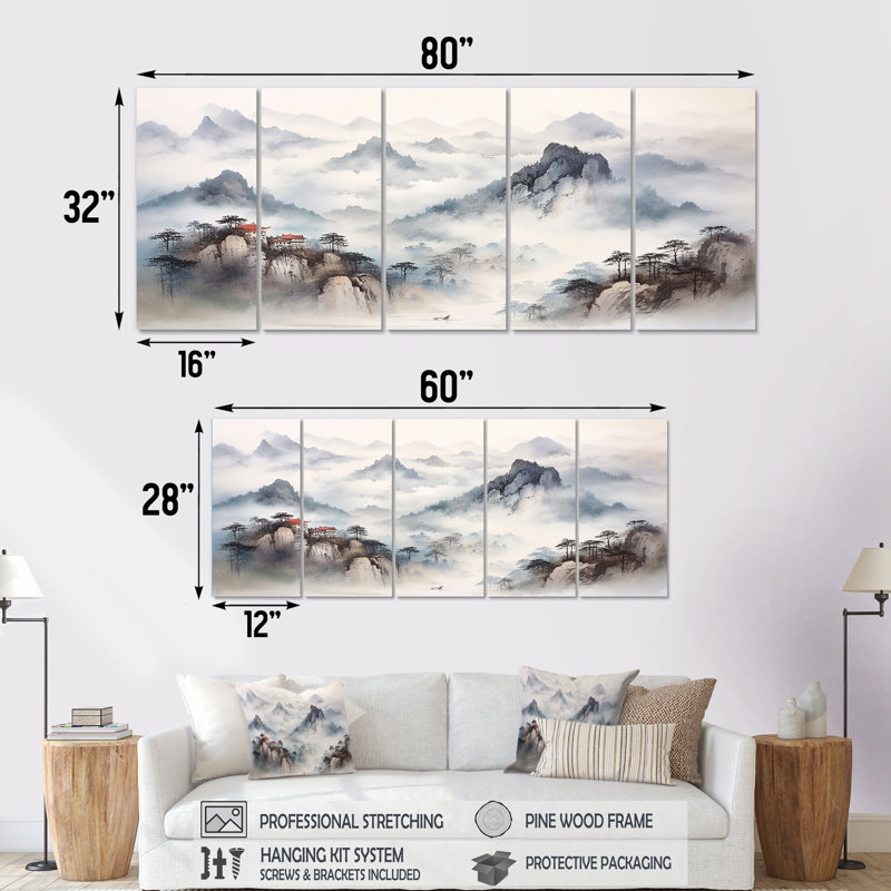 «River China Landscape III - China», art mural 5 pièces, H 32 po x l 80 po