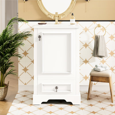 20 - Inch Bathroom Vanity For Efficiency, Ceramic Sink, Soft Close Hinges, U Shaped Shelf, And Compartment Drawer Compact 20" Small Spaces, Solid Wood Frame, Drawers, Adjustable Storage Rack