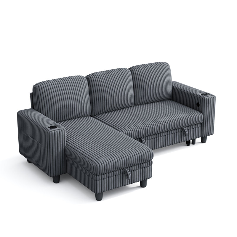 Sherry 81'' Upholstered Modular Sectionals with Pull Out Sofa,Storage Chaise,USB Charging & Cup Holders, Milo Gray Corduroy