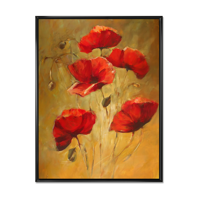 «Red Blooming Poppies IV», reproduction d'art sur toile traditionnelle, H 32 po x l 16 po x P 1 po, Cadre flottant noir