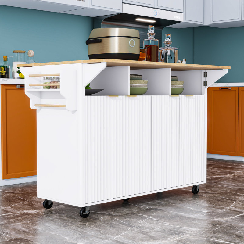 Kitchen Island Cart with 2 Drop Leaves, Power Outlet, Ample Storage and Spice Rack, Natural/White