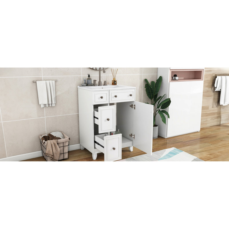 Meuble-lavabo de salle de bain 24 po Évier en céramique. Vaste espace de rangement. . 2 tiroirs, 1 porte. Blanc. Assemblage requis. Et bois massif. Blanc