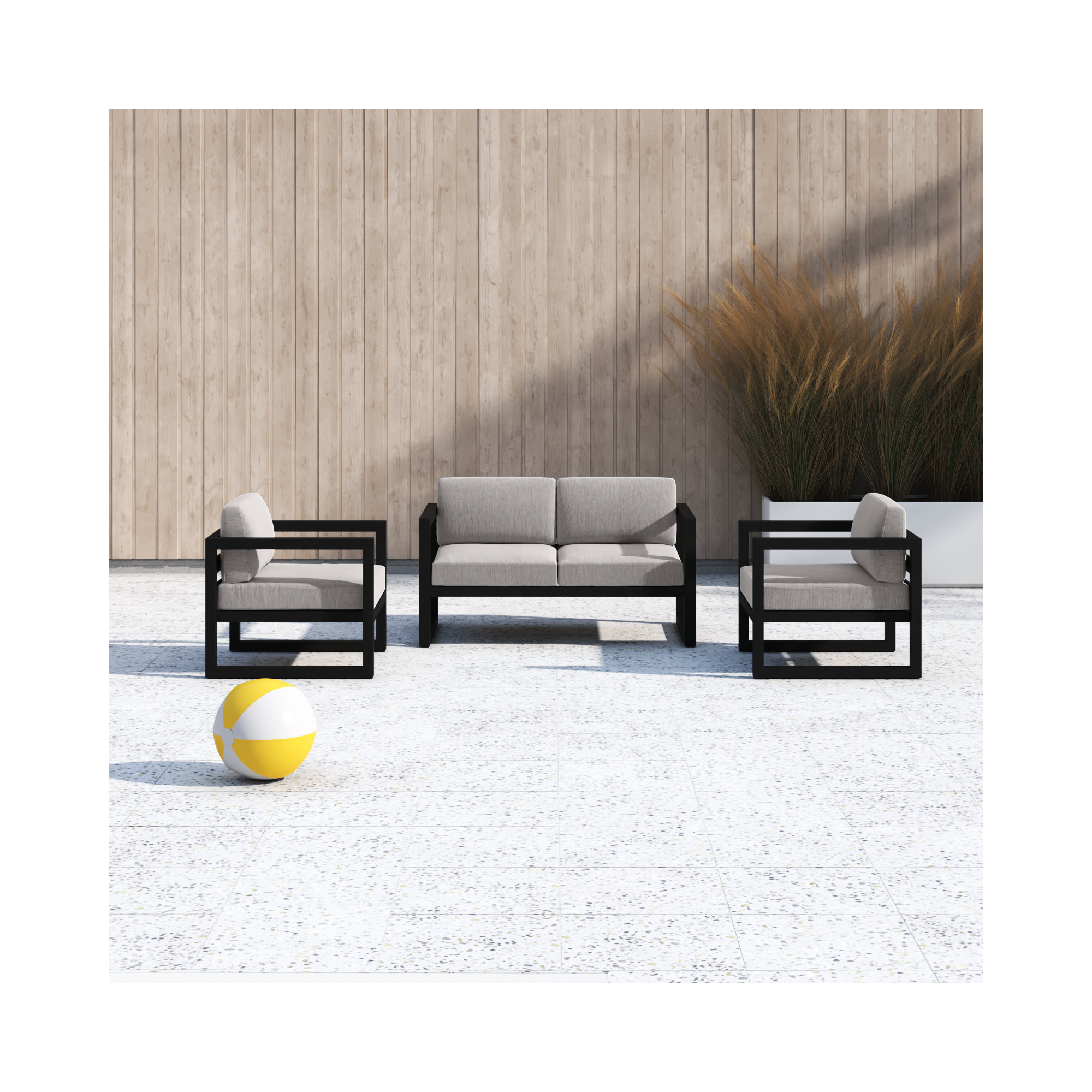 Smith 3 Piece Sofa Seating Group with Sunbrella Cushions, Cast Silver, Black