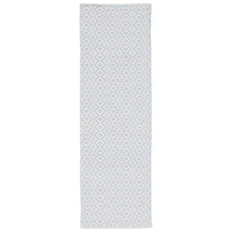 Tapis ivoire / bleu en coton tissé à la main et à plat Whorton, Tapis de couloir 2 pi 3 po x 11 pi