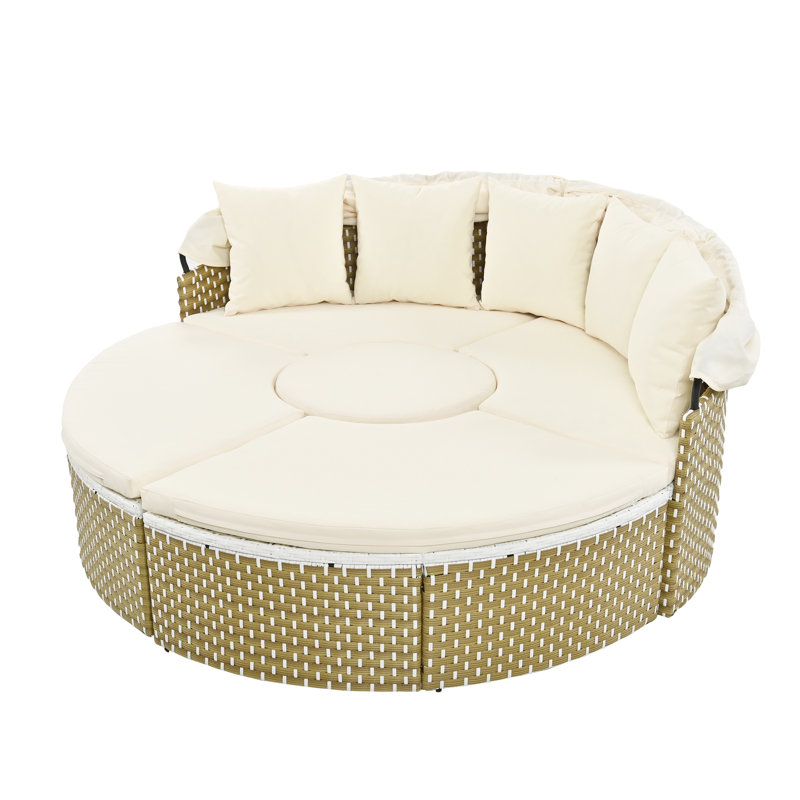 Asa Patio Round Sofa Set with Rattan Daybed & Retractable Canopy, Natural, Beige