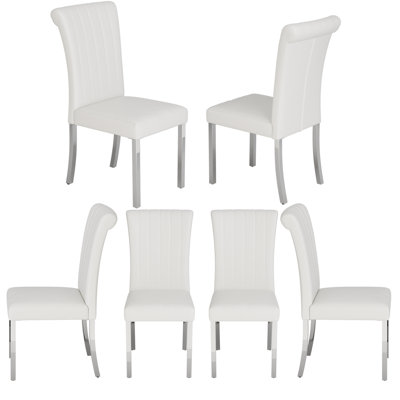 White Leather Dining Chairs With Mirrored Silver Legs Set Of 6