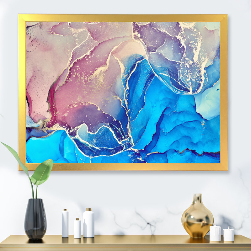 Art liquide bleu et mauve I - reproduction sur toile, Cadre d'angle fermé doré, H 12 po x l 20 po