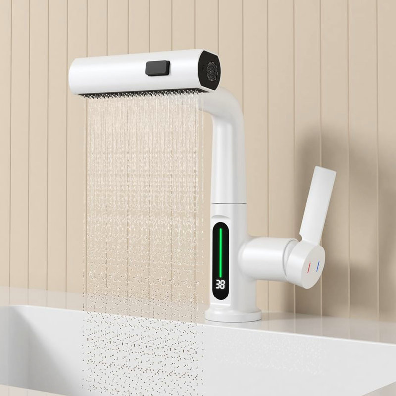 White Pull-Out Lift Basin Faucet With Led Temperature Indicator - 360 Rotatable, 31 Spout Modes, Adjustable Height Bathroom Sink Lift, Rotation, Height, Tap