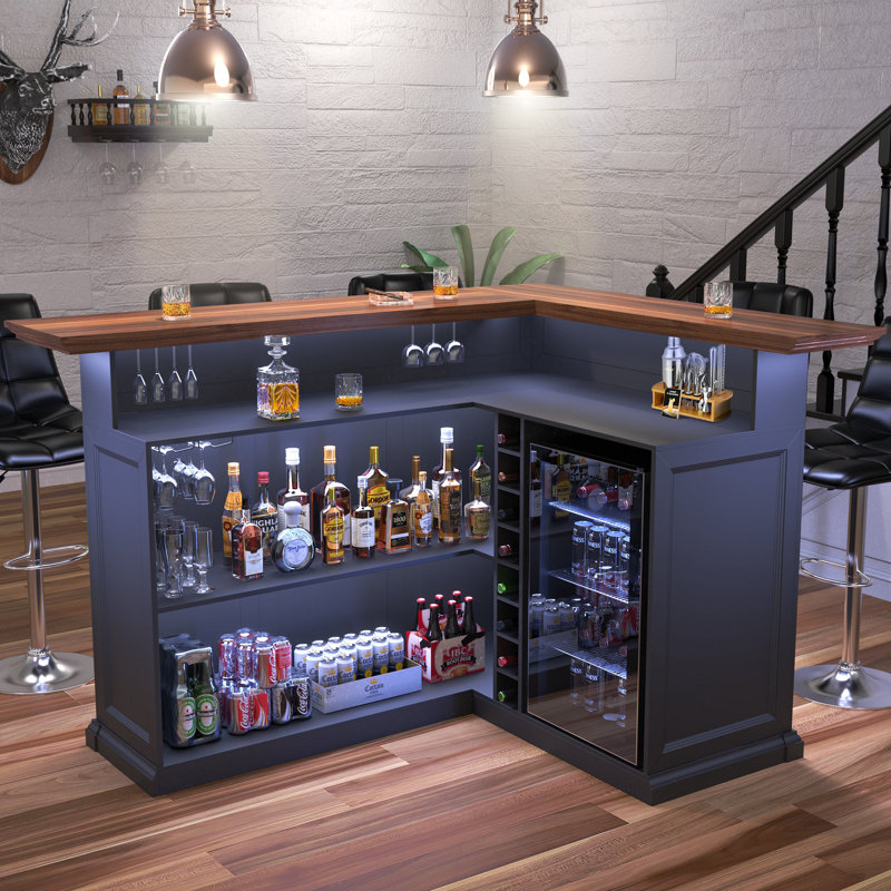 L Shaped Home Bar Cabinet with Fridge Space, Oversized Modern Basement Bar Table, 67" x 53” Wine Cabinet with Storage for Man Cave