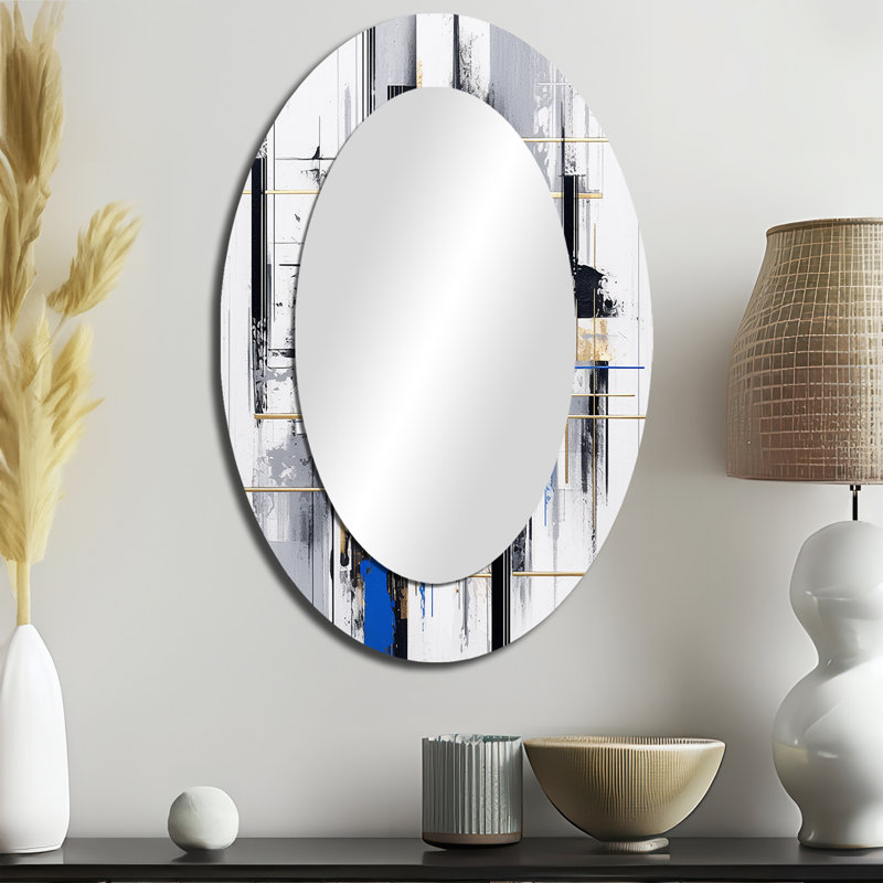 Blue Gold Bold Stripes II - Blue Modern Oval Wall Mirror, 36" x 24"