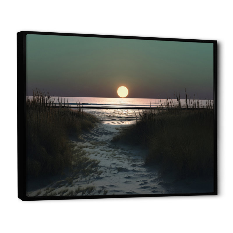Pleine lune se levant à travers l'herbe de la plage I sur toile, H 34 po x l 44 po x P 1,5 po, Cadre flottant noir